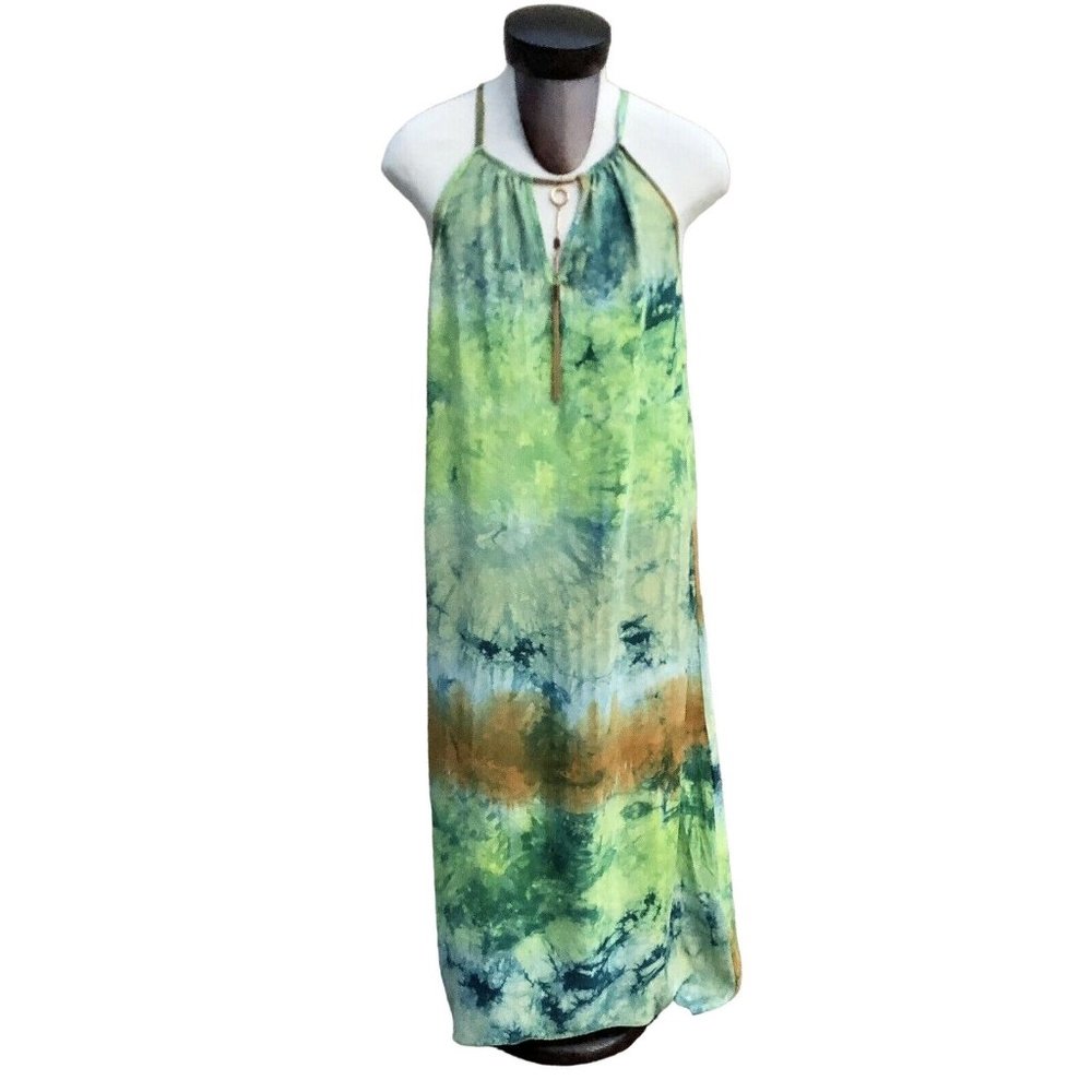 Mlle Gabrielle Ladies Tie Die Dress Sz 1X Halter Jewelry Accent Maxi Hi Low
